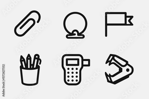 Set of office supply icons: paperclip, globe, flag, pencil cup, label maker, staple remover