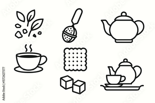 Tea set icons: teapot, cup, leaves, sugar cubes, biscuit, infuser