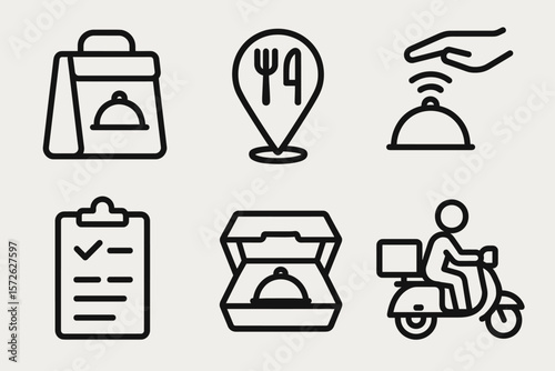 Food delivery icons set featuring order, pickup, and delivery symbols