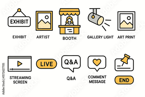 Art exhibit elements with streaming, booth, gallery light, and interactive features
