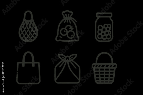 Eco-friendly reusable containers and bags icons for sustainable living