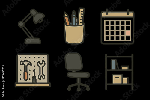 Minimalist office icons: lamp, stationery, calendar, tools, chair, shelf