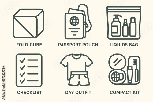 Travel essentials icons: fold cube, passport pouch, liquids bag, checklist, day outfit, compact kit