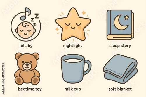 Cute sleepytime icons: baby, star, book, teddy, cup, blanket for bedtime