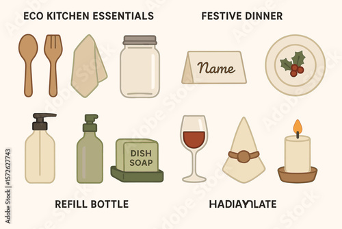 Eco-friendly kitchen and festive table essentials: utensils, refill bottles, holiday decor