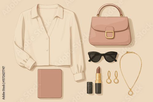 Elegant female accessories and cream blouse fashion flat lay with mauve handbag and sunglasses
