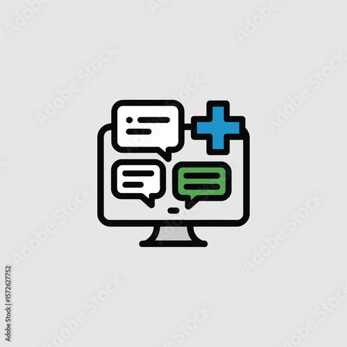 Minimalist Icon Design Depicting a Computer Monitor Displaying Three Speech Bubbles and a Blue Plus Symbol The speech bubbles are white gray and green with black outlines The