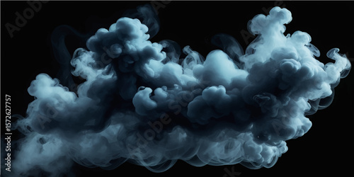 Blue and white smoke clouds billow on a black background, resembling an abstract explosion of light and atmosphere