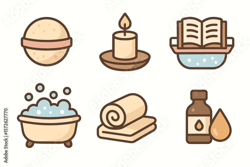Relaxing spa icons - bath bomb, candle, book, bubbles, towel, oil bottle