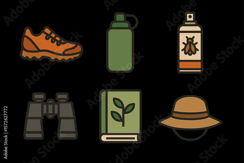 Outdoor adventure essentials: hiking shoe, water bottle, insect repellent icons