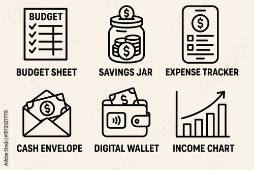 Budgeting tools illustration: budget sheet, savings jar, expense tracker, cash envelope, digital wallet, income chart