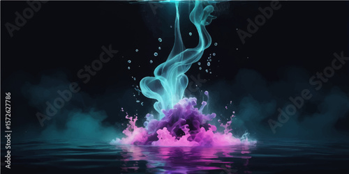 An abstract dark background of smoke on the water, featuring a mysterious blue light and dynamic wave-like shapes, creates an energetic and colorful motion design