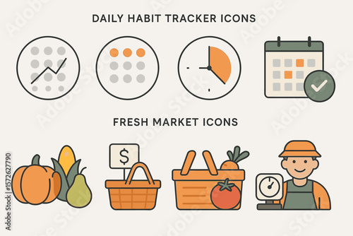 Daily habit and fresh market icons: tracker and produce designs