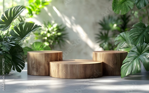 Sunlit Wooden Display Amidst Lush Tropical Foliage