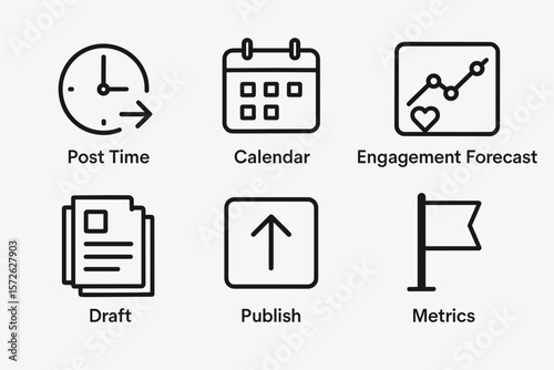 Social media management icons: schedule, engagement, metrics visualization