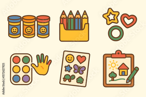 Colorful children's art supplies and craft icons with smiling faces