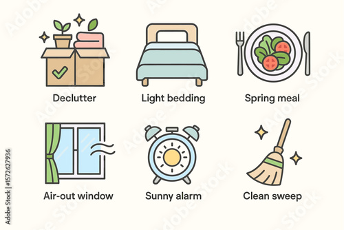 Minimalist living icons: declutter, light bedding, spring meal, air-out, sunny alarm, clean sweep
