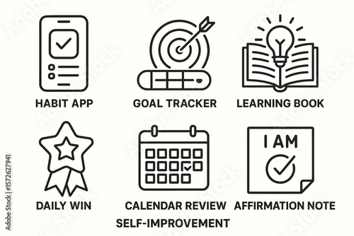 Set of icons representing self-improvement tools and habits