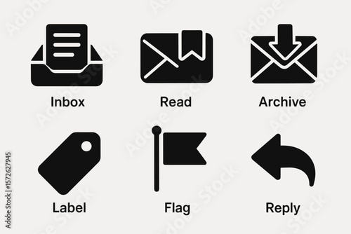 Email icon set featuring inbox, read, archive, label, flag, and reply