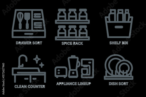 Kitchen organization: drawer sort, spice rack, shelf bin, clean counter, appliance lineup, dish sort
