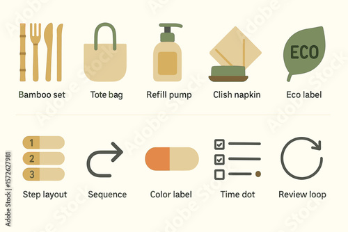 Eco-friendly icons: bamboo set, tote bag, refill pump, cloth napkin, eco label, step layout