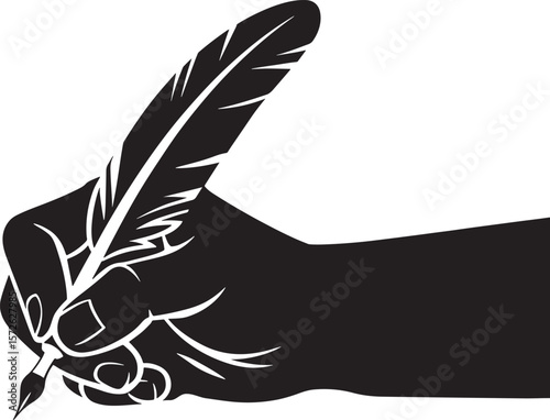 title: Hand writing with feather quill pen vector. Black silhouette of an author.