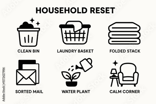 Household reset: clean bin, laundry basket, folded stack, sorted mail, water plant, calm corner