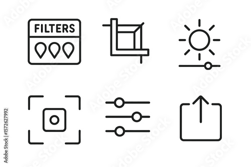 Photo editing icons: filters, crop, brightness, focus, settings, share