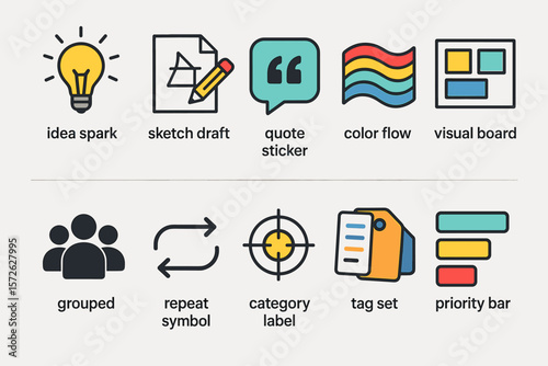 Creative design icons: idea, sketch, quote, color, visual, group, repeat, category, tag, priority