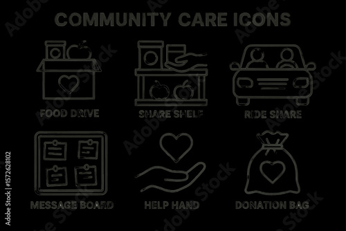 Community care symbols: food drive, share shelf, ride share, message board, help hand, donation bag