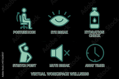 Virtual workspace wellness icons: posture, eye break, hydration, stretch, mute, away timer