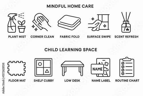 Mindful home care and child learning space essentials illustrated