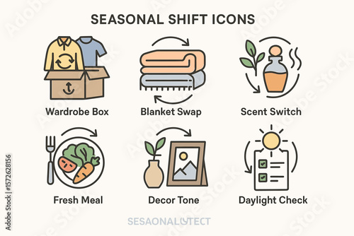 Seasonal shift icons: wardrobe, blanket, scent, meal, decor, daylight
