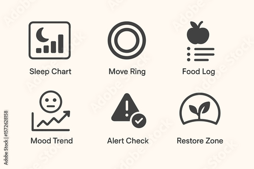 Health and fitness app icons: sleep chart, move ring, food log, mood trend, alert, restore zone