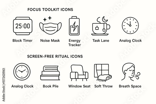 Focus and screen-free ritual icons: timer, mask, tracker, task, clock, book, seat, blanket, breath