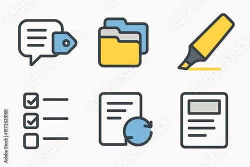 Set of office icons featuring chat, folders, highlighter, checklist, document sync, and report