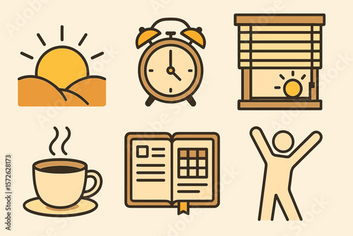 Morning routine icons: sunrise, alarm clock, coffee, book, stretching figure