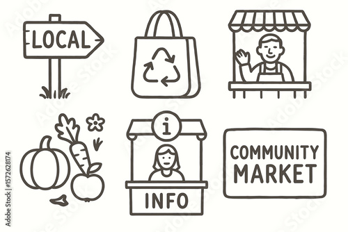 Community market icons: local produce, recycling, vendor, information