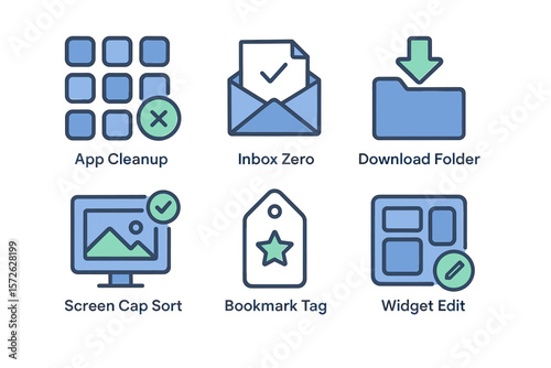 App management icons: cleanup, inbox zero, download, screenshot, bookmark, widget
