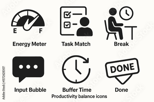 Productivity balance icons: energy meter, task match, break, input bubble, buffer time, done
