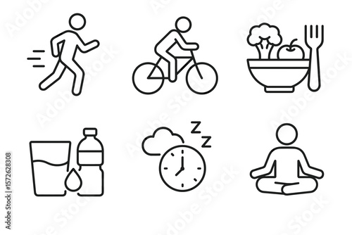 Healthy lifestyle icons: running, cycling, nutrition, hydration, sleep, meditation