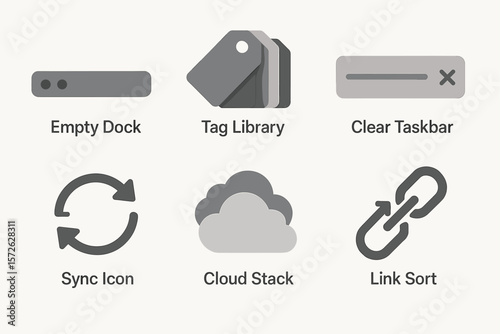 Icon set: empty dock, tag library, clear taskbar, sync icon, cloud stack, link sort