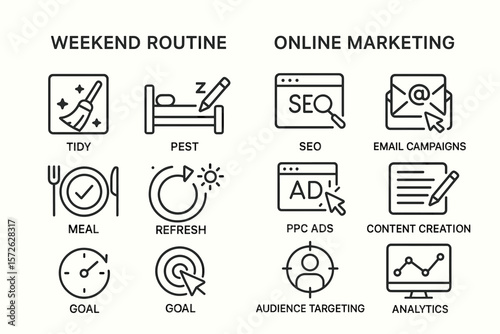 Weekend routine and online marketing icons: tidy, meal, seo, email, analytics