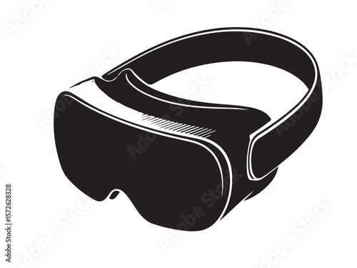 Stylized black silhouette of a virtual reality headset on a white background