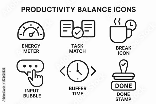 Productivity balance icons: energy meter, task match, break symbol, input bubble, buffer time, done stamp