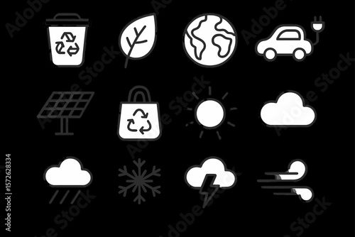 Eco-friendly icons set featuring recycling, solar energy, and weather symbols