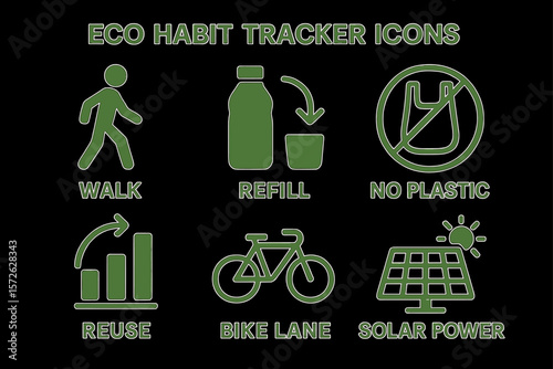 Eco habit tracker icons: walk, refill, no plastic, reuse, bike lane, solar power
