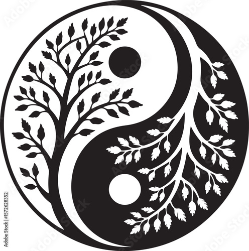 Yin Yang Tree Silhouette Symbolizing Balance and Nature Harmony, Dual Root and Branch Art for Mindfulness, Spiritual, Zen-Themed Designs