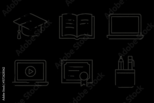 Education icons: graduation cap, open book, laptops, certificate, pencil holder