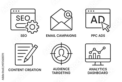 Six icon set for digital marketing tools: seo, email, ppc, content, targeting, analytics
